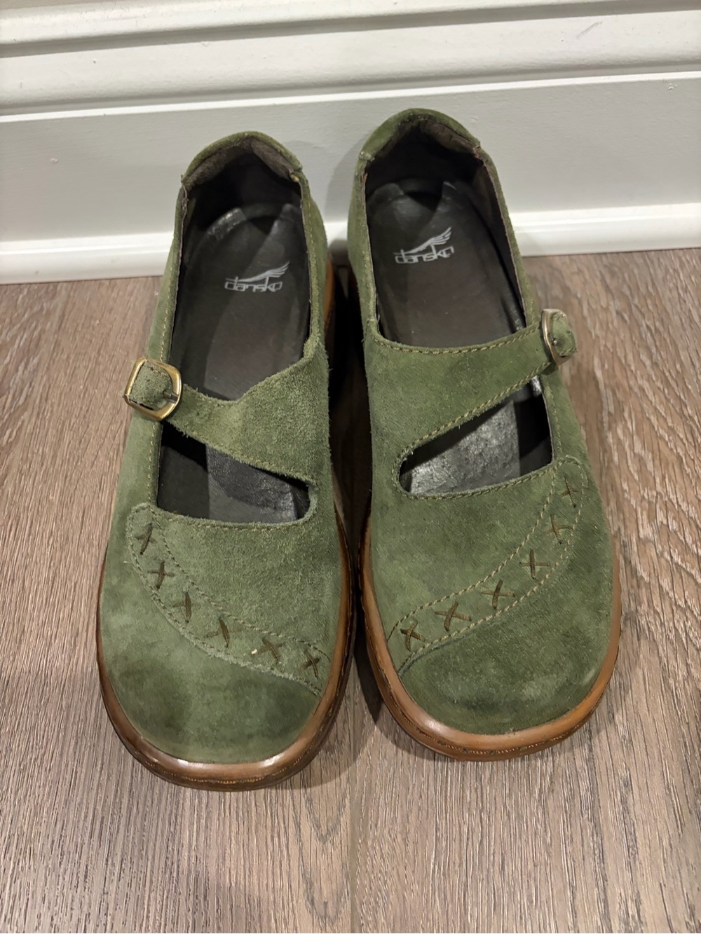 Dansko Fran Mary Jane’s suede olive green clogs